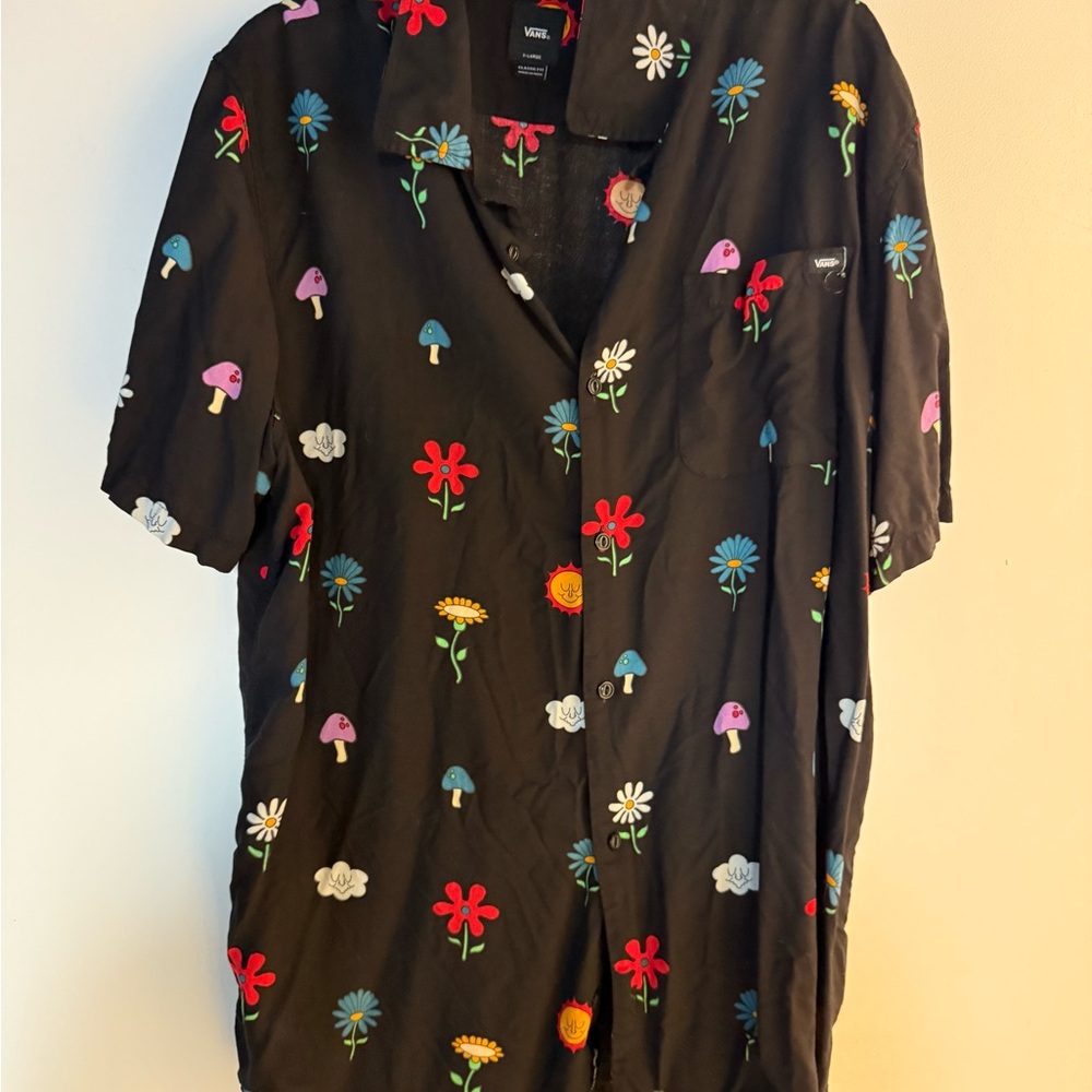 Vans Men's Black Floral and Mushroom Short Sleeve Shirt
